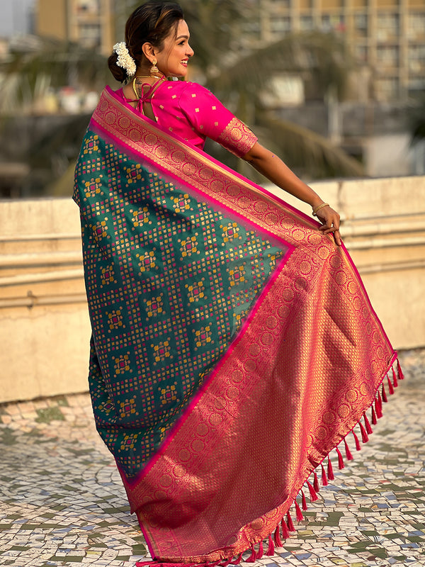 Premium Patola Silk Saree with Meenakari Ikkat Weaves & Blouse Piece