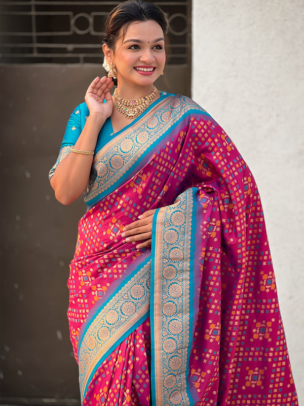 Premium Patola Silk Saree with Meenakari Ikkat Weaves & Blouse Piece
