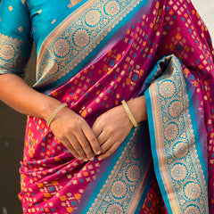 Premium Patola Silk Saree with Meenakari Ikkat Weaves & Blouse Piece