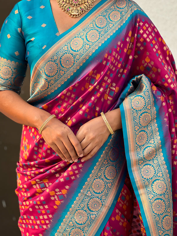 Premium Patola Silk Saree with Meenakari Ikkat Weaves & Blouse Piece