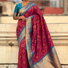 Premium Patola Silk Saree with Meenakari Ikkat Weaves & Blouse Piece