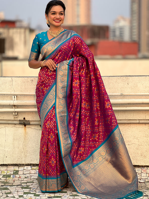Premium Patola Silk Saree with Meenakari Ikkat Weaves & Blouse Piece