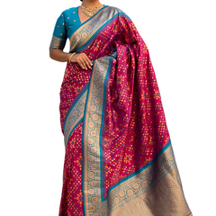 Premium Patola Silk Saree with Meenakari Ikkat Weaves & Blouse Piece
