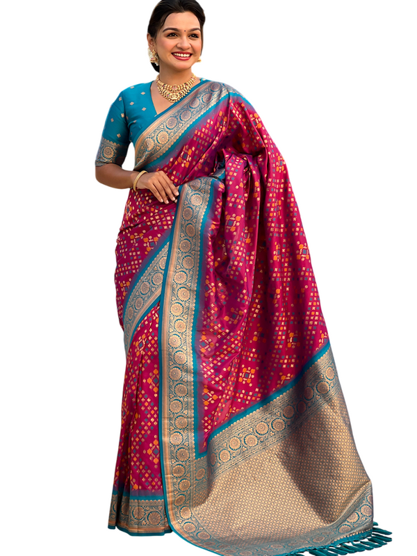 Premium Patola Silk Saree with Meenakari Ikkat Weaves & Blouse Piece