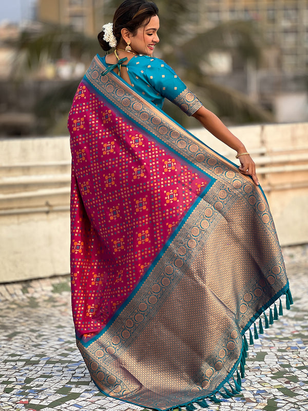 Premium Patola Silk Saree with Meenakari Ikkat Weaves & Blouse Piece