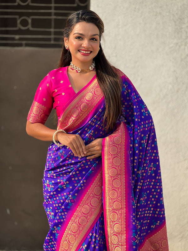 Premium Patola Silk Saree with Meenakari Ikkat Weaves & Blouse Piece