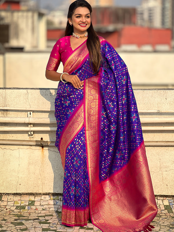 Premium Patola Silk Saree with Meenakari Ikkat Weaves & Blouse Piece