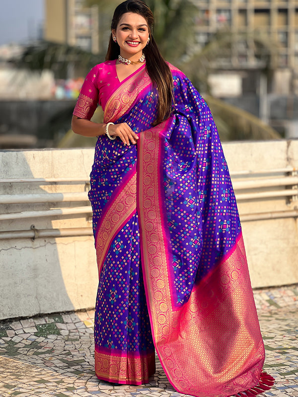Premium Patola Silk Saree with Meenakari Ikkat Weaves & Blouse Piece