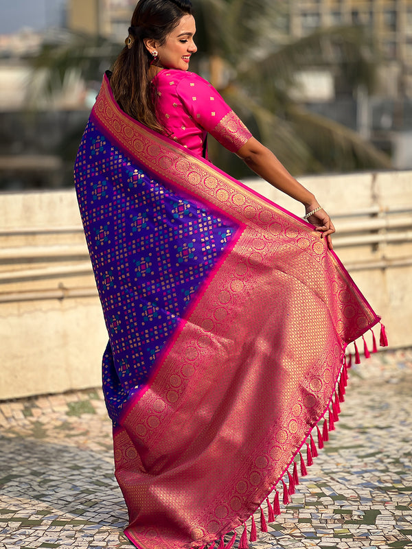 Premium Patola Silk Saree with Meenakari Ikkat Weaves & Blouse Piece