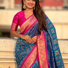 Premium Patola Silk Saree with Meenakari Ikkat Weaves & Blouse Piece