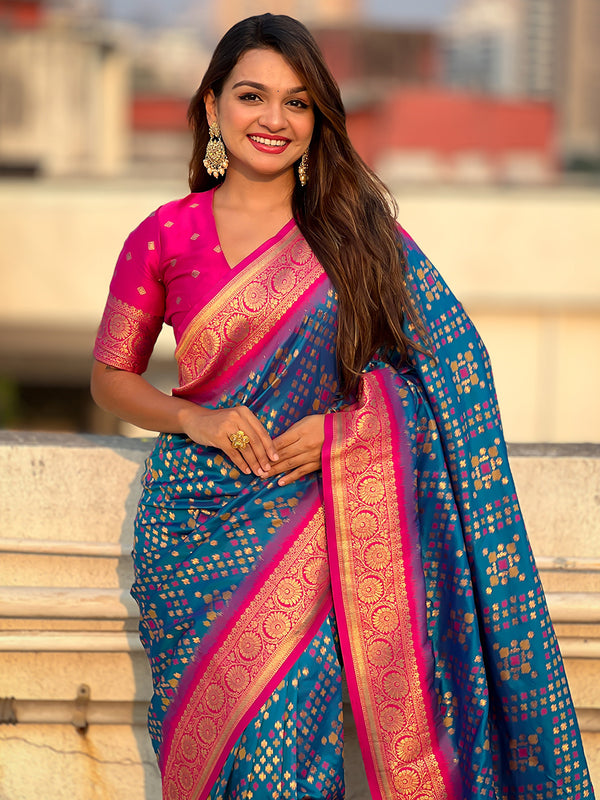 Premium Patola Silk Saree with Meenakari Ikkat Weaves & Blouse Piece