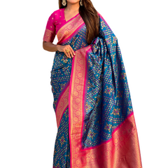 Premium Patola Silk Saree with Meenakari Ikkat Weaves & Blouse Piece