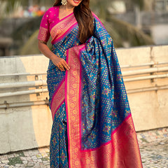Premium Patola Silk Saree with Meenakari Ikkat Weaves & Blouse Piece