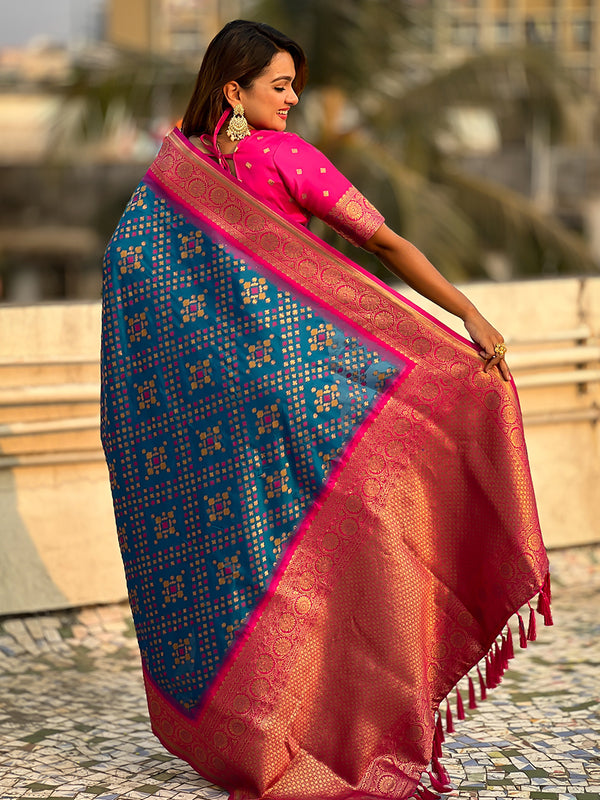Premium Patola Silk Saree with Meenakari Ikkat Weaves & Blouse Piece