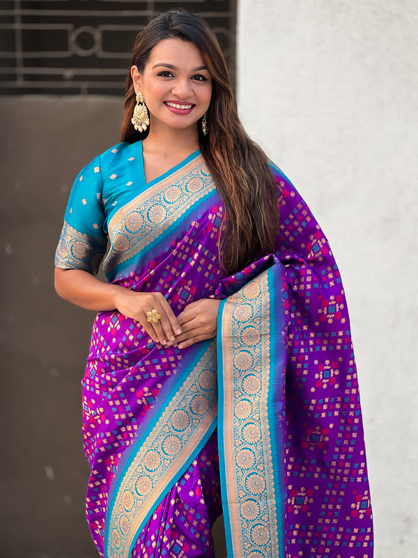 Premium Patola Silk Saree with Meenakari Ikkat Weaves & Blouse Piece