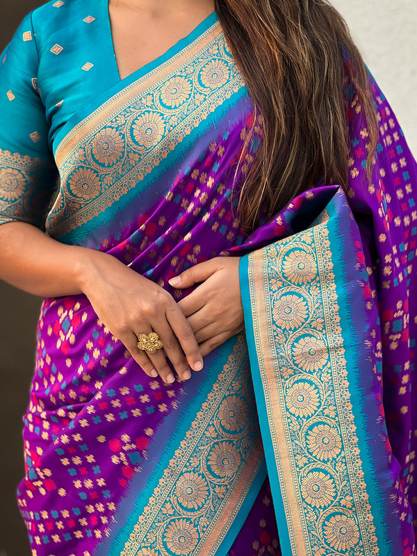 Premium Patola Silk Saree with Meenakari Ikkat Weaves & Blouse Piece