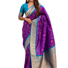 Premium Patola Silk Saree with Meenakari Ikkat Weaves & Blouse Piece