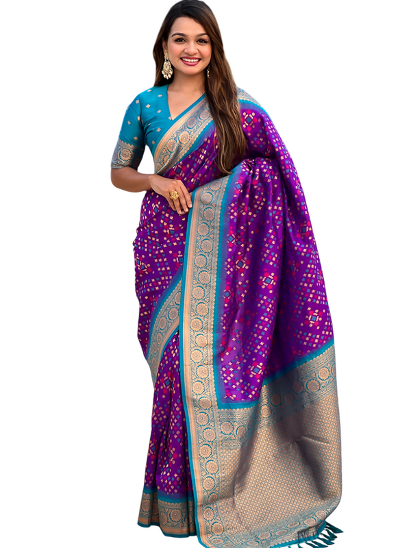 Premium Patola Silk Saree with Meenakari Ikkat Weaves & Blouse Piece