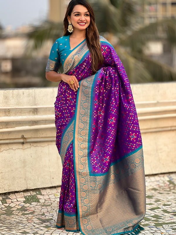 Premium Patola Silk Saree with Meenakari Ikkat Weaves & Blouse Piece