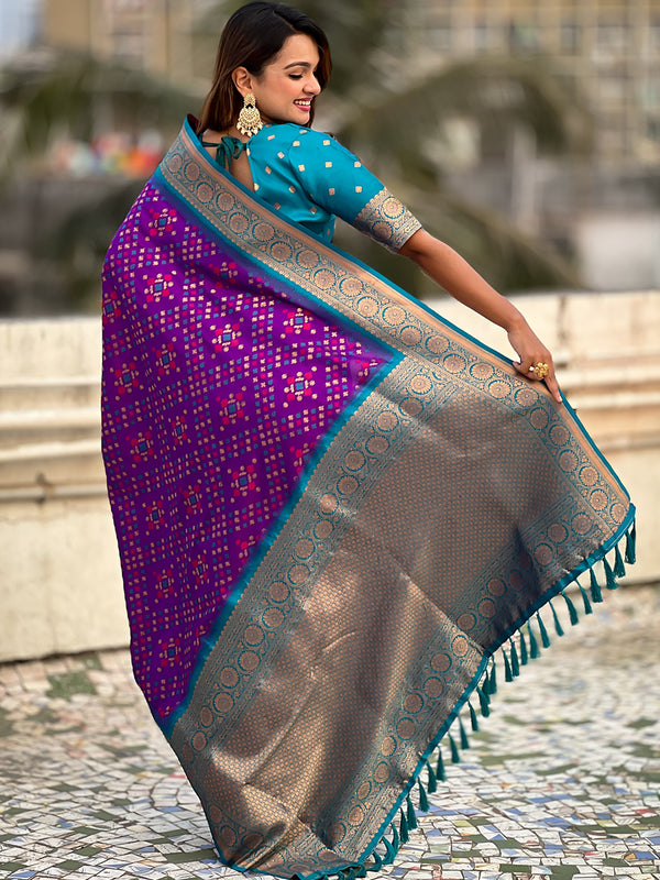 Premium Patola Silk Saree with Meenakari Ikkat Weaves & Blouse Piece