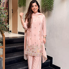 Women’s Crepe Embroidered Kurti With Plain Bottom & Nazmin Dupatta Set