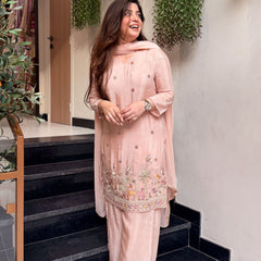 Women’s Crepe Embroidered Kurti With Plain Bottom & Nazmin Dupatta Set