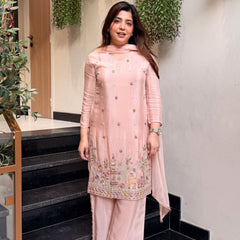 Women’s Crepe Embroidered Kurti With Plain Bottom & Nazmin Dupatta Set