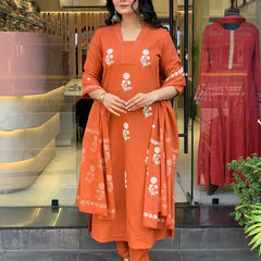 Women's Cotton Embroidered Kurta Pant & Printed Dupatta Set