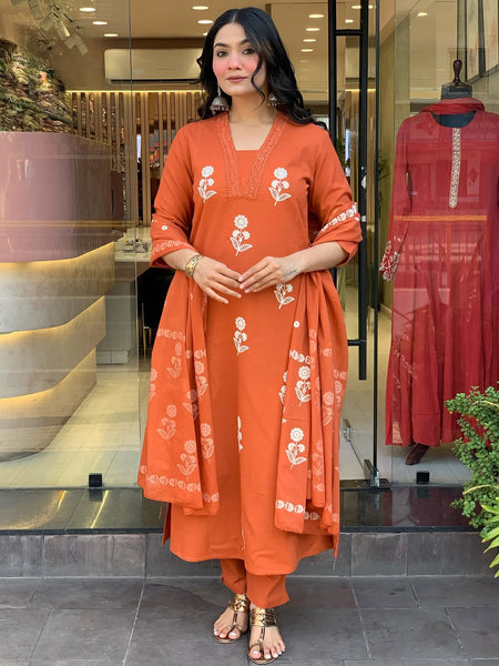 Women's Cotton Embroidered Kurta Pant & Printed Dupatta Set