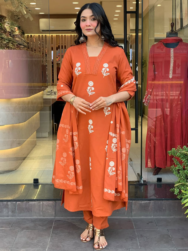 Women's Cotton Embroidered Kurta Pant & Printed Dupatta Set