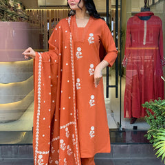 Women's Cotton Embroidered Kurta Pant & Printed Dupatta Set
