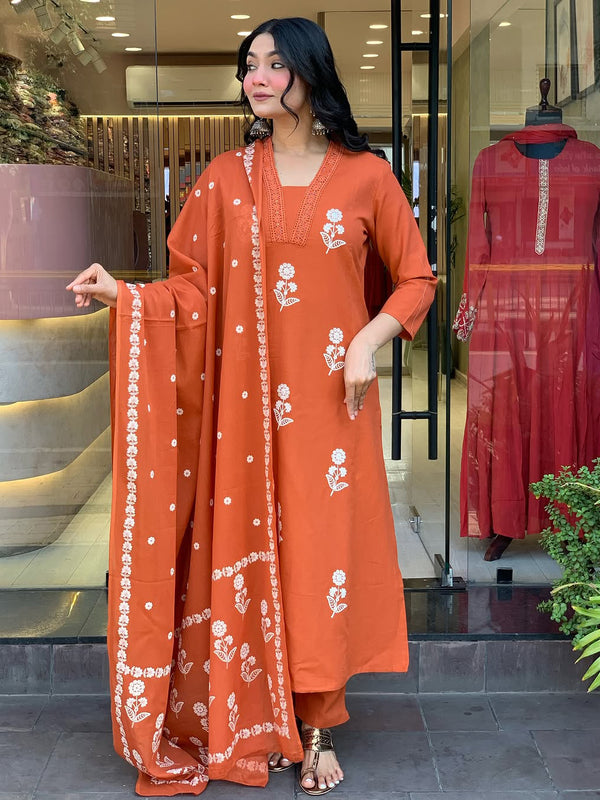 Women's Cotton Embroidered Kurta Pant & Printed Dupatta Set