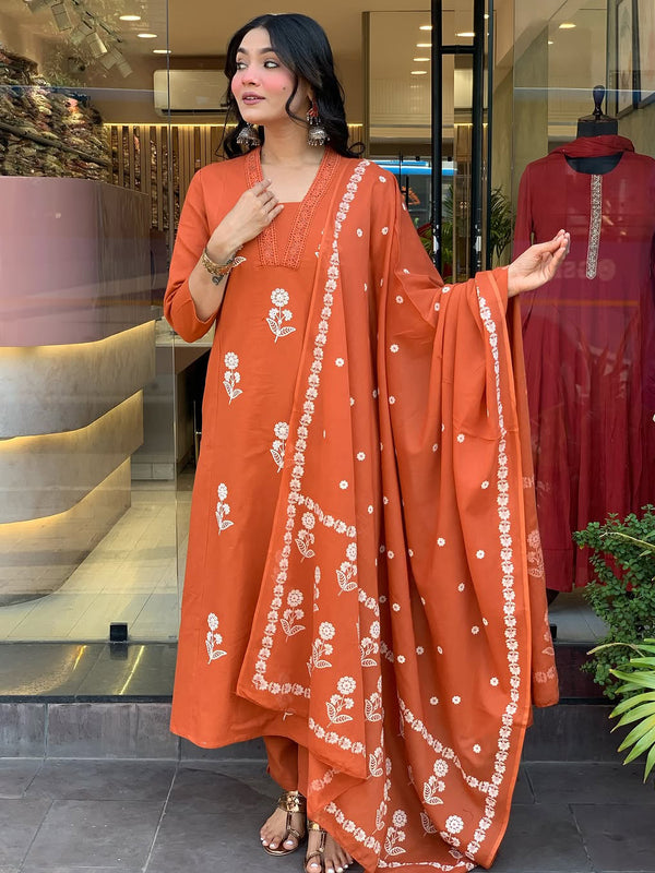 Women's Cotton Embroidered Kurta Pant & Printed Dupatta Set