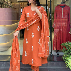 Women's Cotton Embroidered Kurta Pant & Printed Dupatta Set