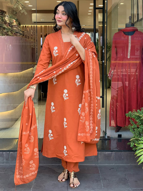 Women's Cotton Embroidered Kurta Pant & Printed Dupatta Set