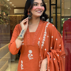 Women's Cotton Embroidered Kurta Pant & Printed Dupatta Set