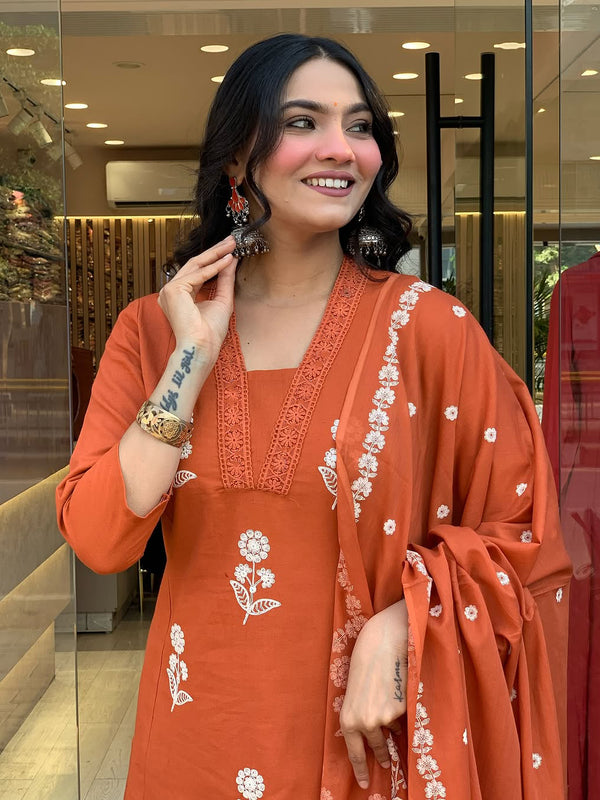 Women's Cotton Embroidered Kurta Pant & Printed Dupatta Set