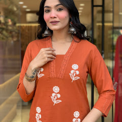 Women's Cotton Embroidered Kurta Pant & Printed Dupatta Set