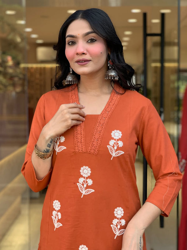 Women's Cotton Embroidered Kurta Pant & Printed Dupatta Set