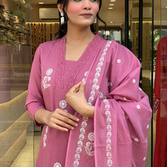 Women's Cotton Embroidered Kurta Pant & Printed Dupatta Set