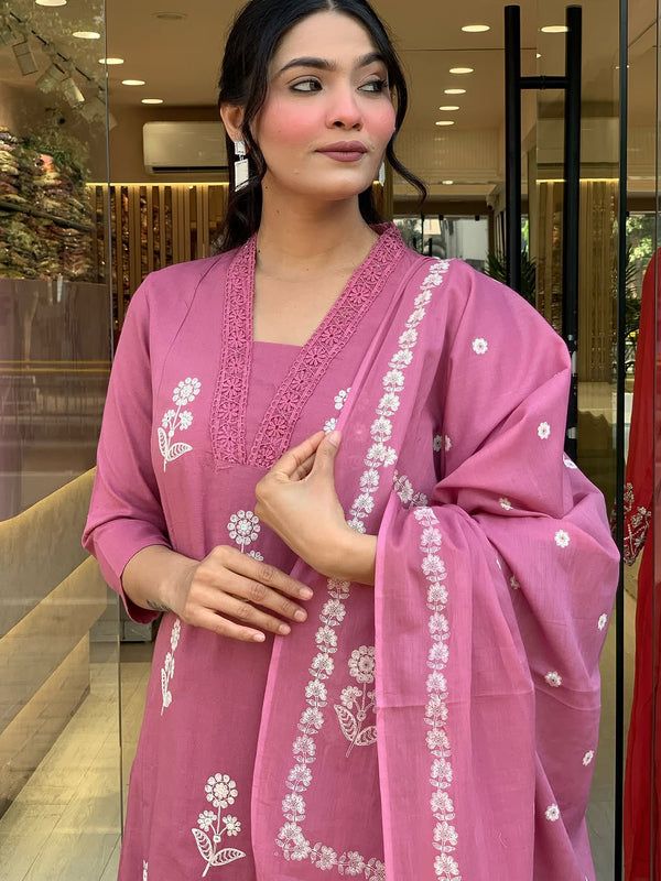 Women's Cotton Embroidered Kurta Pant & Printed Dupatta Set