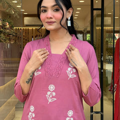 Women's Cotton Embroidered Kurta Pant & Printed Dupatta Set