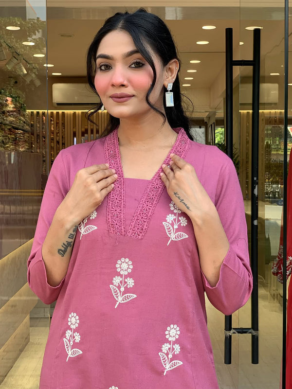 Women's Cotton Embroidered Kurta Pant & Printed Dupatta Set
