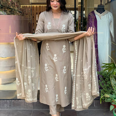 Women's Cotton Embroidered Kurta Pant & Printed Dupatta Set