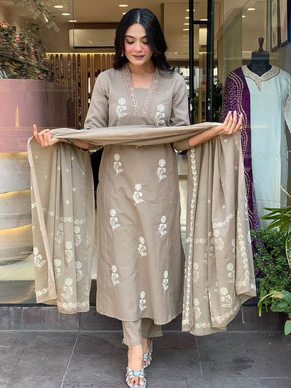 Women's Cotton Embroidered Kurta Pant & Printed Dupatta Set