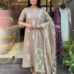 Women's Cotton Embroidered Kurta Pant & Printed Dupatta Set