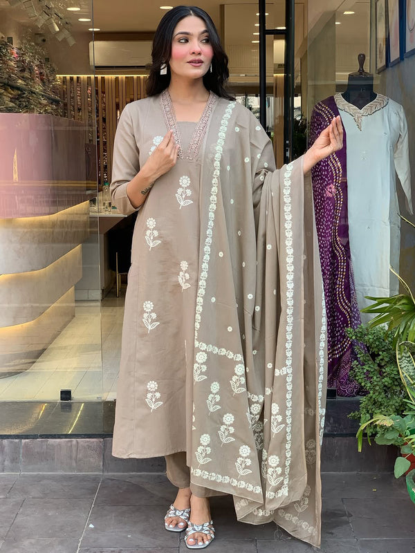 Women's Cotton Embroidered Kurta Pant & Printed Dupatta Set