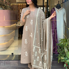 Women's Cotton Embroidered Kurta Pant & Printed Dupatta Set