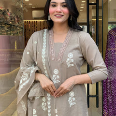 Women's Cotton Embroidered Kurta Pant & Printed Dupatta Set
