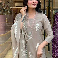Women's Cotton Embroidered Kurta Pant & Printed Dupatta Set